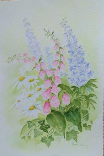 Janet R, summertime flowers, watercolour.